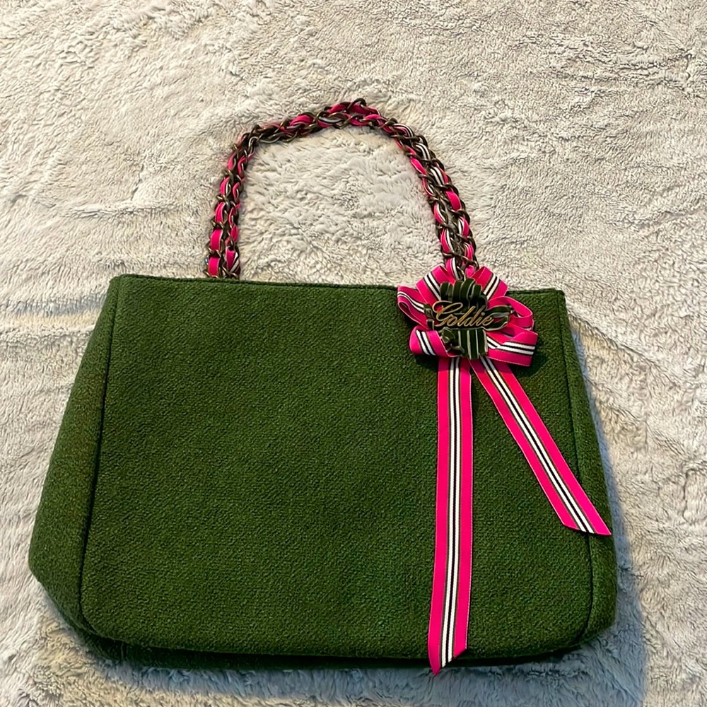 Goldie Upholstery Carpet Tapestry Tote Shoulder Bag Purse Green Pink Bow Chain